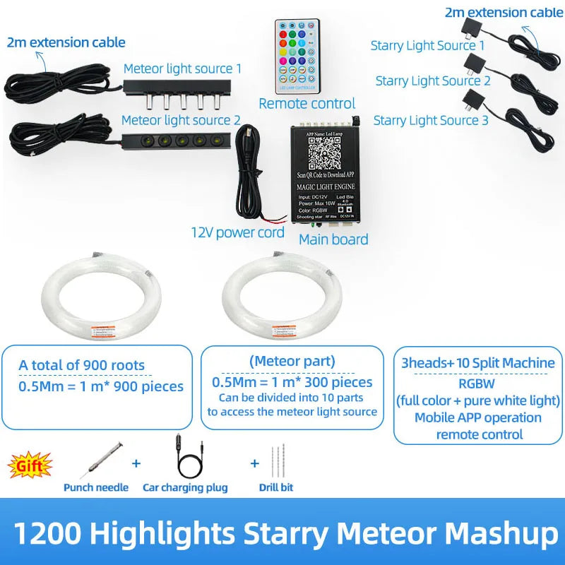 Starry sky roof for car, modified starry sky light with Bluetooth remote control, rgbw gypsophila, meteor kit, 12v