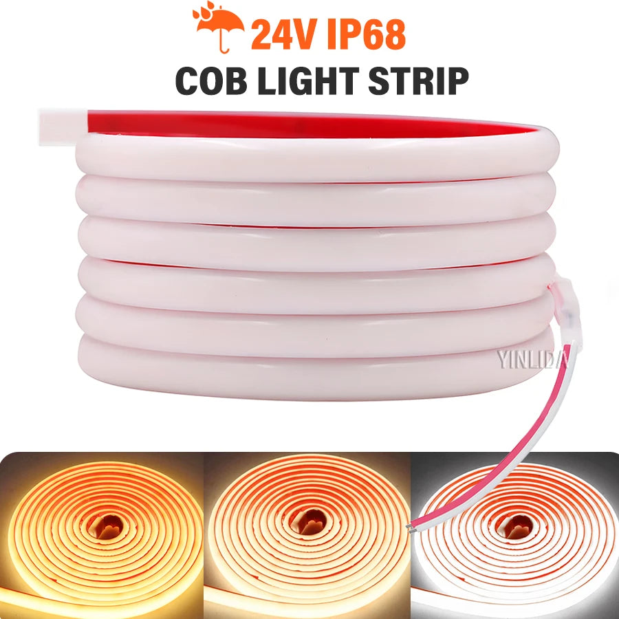 24V 12V IP68 COB LED Strip Waterproof 3000K4000K 6000K Neon Light Underwater 12V 320Leds/m Flexible Ribbon Tape RA90 Lighting