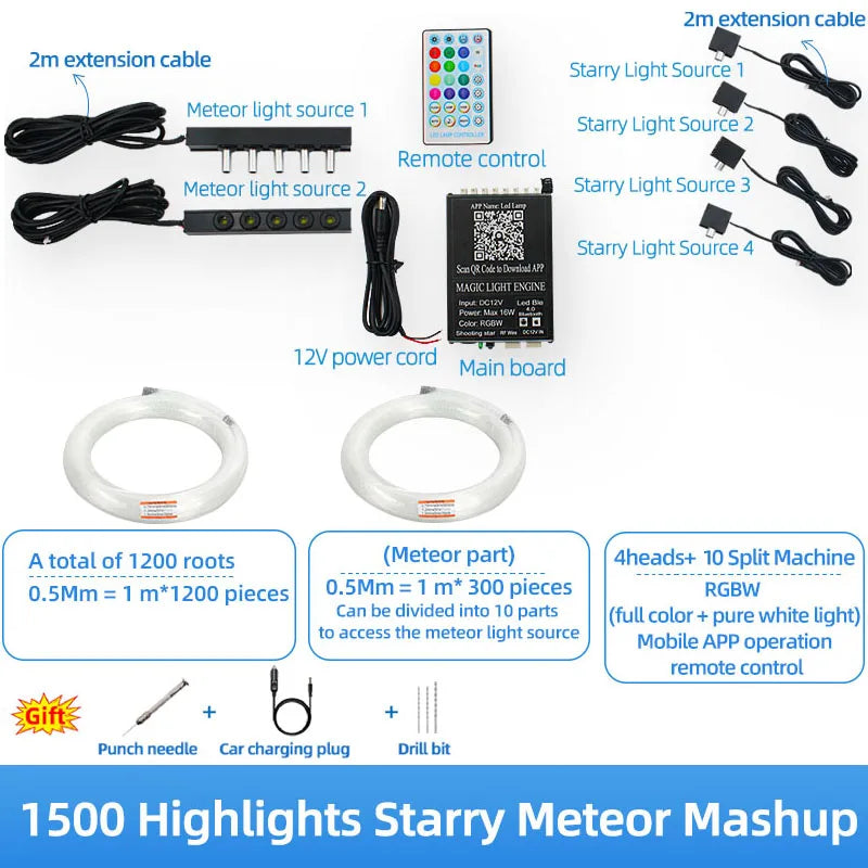 Starry sky roof for car, modified starry sky light with Bluetooth remote control, rgbw gypsophila, meteor kit, 12v